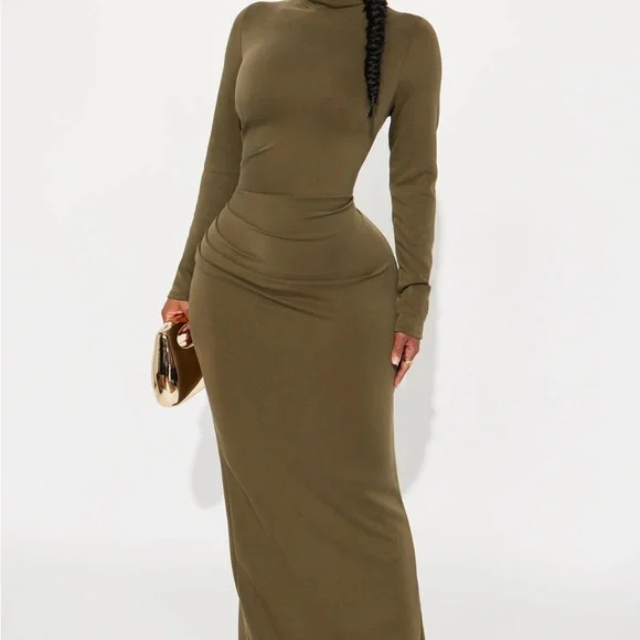 Pleated Modal Blend Mock Neck, Bella Mock Neck Maxi Dress in Olive, Size M, for GNO/Date Night | Fashion Nova